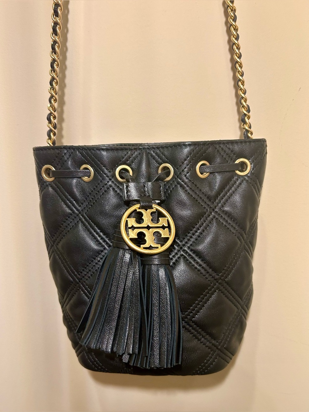 Tory Burch Flemming Mini Black Quilted Leather Bucket Bag with Tassels - Picture 10 of 14